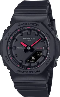 A black G-Shock watch with red accents on a white background.