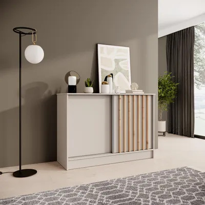 Produktbild von BEAUTYSOFA | Kommode HORIZON 120 cm Kaschmir, Artisan mit Lamellen Sideboard mit 2 Schiebetüren, Modernes Design, viel Stauraum