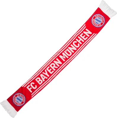 A red and white FC Bayern München scarf is shown diagonally on a white background.