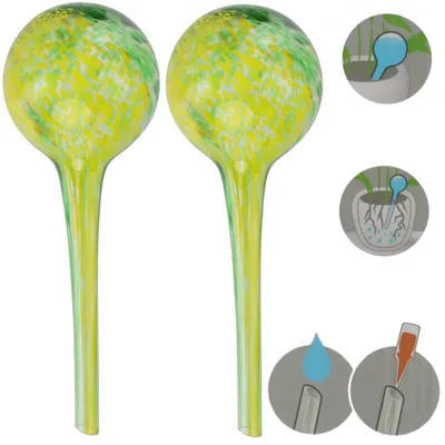 Zdjęcie produktu dla Zestaw 2 szklanych dozowników wody do roślin doniczkowych, kula, okrągły Ø 9 cm kolor zielono-żółty 310 ml nowoczesny, do warunków domowych, do doniczek, do kwiatów, regulacja wody - zapewnia optymalne dozowanie