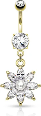 Produktbild von Bauchnabelpiercing Blüme Blüte Zirkonia Perle vergoldet Gold Nabelpiercing