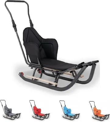Produktbild von Holzchlitten Schiebestange + WinterfußsackKinderschlitten mit Rückenlehne Holzsitz Schlitten 5 Farben