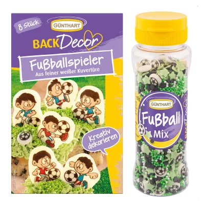 Produktbild von BackDecor Fußball Set 8 essbare Schoko Fußballer aus weißer Schokolade und Fußball Streusel Mix aus Zucker