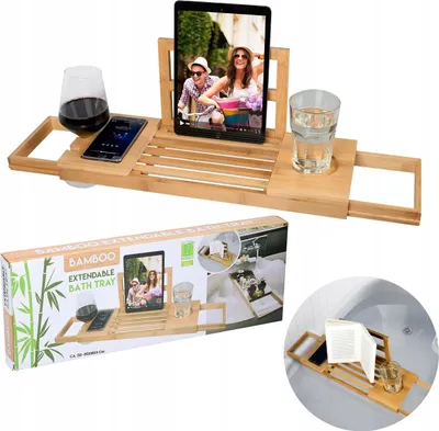 Image de alpina Tablette de bain réglable Planche de bain 50-92 x 18 x 4 cm - Tablette de bain en bambou avec repose-livre et support pour tablette - Porte-gobelet inclus - Décoration de salle de bain