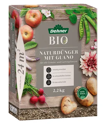 Produktbild von Dehner Bio Naturdünger mit Guano, hochwertiger Dünger für Gemüsepflanzen / Gartenpflanzen, organisch mineralischer NPK-Dünger, ökologisch wertvoll, 2.5 kg, für ca. 25 qm