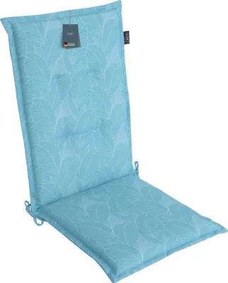 A light blue chair cushion with a leaf pattern, shown from a diagonal angle against a white background.