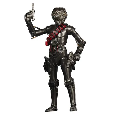 A black action figure of a droid with a red bandolier and two blasters.