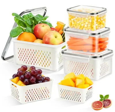 3er-Set Kühlschrank-Obstbehälter mit Sieb & Deckel, stapelbar