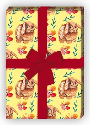 Produktbild von Süßes Oster Geschenkpapier mit puscheligem Osterhasen und Blumen, gelb - G8077, 32 x 48cm