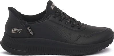 A black Skechers women's sneaker is shown in a side profile against a white background.