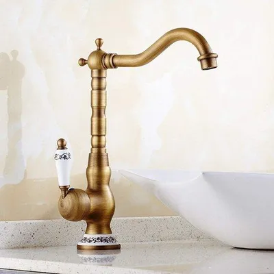 Immagine prodotto di Rubinetto antico per bagno e cucina con maniglia in Vetroceramica, rubinetto da cucina vintage in ottone, rubinetto dal design ampio