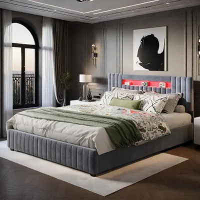 Immagine prodotto di Letto imbottito ProximaX con illuminazione a LED, letto idraulico 160 x 200 cm, letto imbottito, testata a ripiani con contenitore, struttura letto con rete a doghe, confortevole, per camera da letto, camera degli ospiti, velluto, grigio