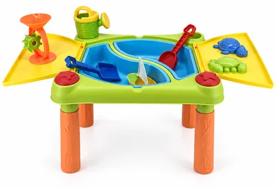 Imagen del producto de Relaxdays, mesa de juegos con agua, 2 compartimentos, muchos accesorios, dimensiones: 46 x 100 x 48 cm, estación de juego para agua y arena, plástico, de varios colores, Imagen generada por IA