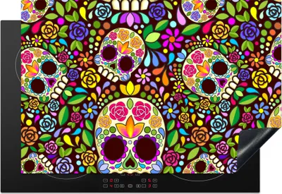 Produktbild von KitchenYeah© Herdabdeckplatte Blumen - Totenkopf - Muster , 76x51cm, Küche Deko, Glaskeramikkochfeld Herdabdeckung, Abdeckplatte fùr Kochfeld
