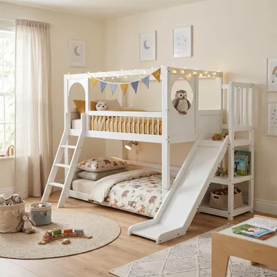 Produktbild von Merax Etagenbett 90x200cm mit Rutsche und Leiter, Kinderbett mit Regalen, Lattenrost und Rausfallschutz, Hochbett Massivholzbett Stockbett Jugendbett