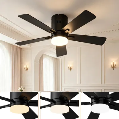 Obrázek produktu pro Stropní ventilátor INONEFT, 106 cm, s osvětlením a dálkovým ovládáním, 5 lopatek, tichý provoz, DC motor, 6 rychlostí, 3 teploty barvy, časovač, černá barva