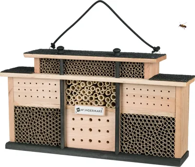 Image de WONDERMAKE® Hôtel à insectes design en bois, grand hôtel à abeilles suspendu, aide à la nidification pour les abeilles sauvages, marron noir
