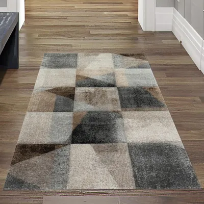 Obrázok produktu pre Koberec do obývačky s abstraktným kockovaným vzorom v hnedo-béžovej farbe - 80 x 150 cm