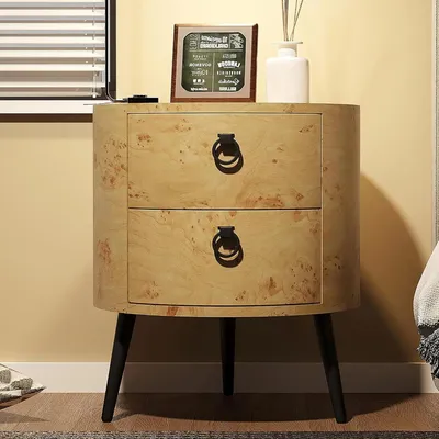 Immagine prodotto di Tavolino rotondo - Comodino - Effetto legno - Con cassetto - Gambe in metallo - Stile moderno - Facile da montare - Nero