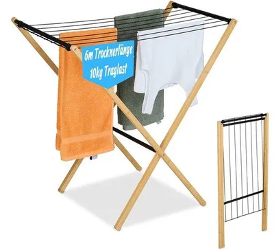 Produktbild von Famanu Wäscheständer aus Bambus und Metall, 8 Stangen, 77 x 79 x 49 cm, schwarz