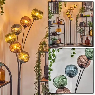 Produktbild von Cesaro Stehlampe aus Metall/Riffelglas in Schwarz/Kupfer/Blau/Grün (Ø 15 cm)