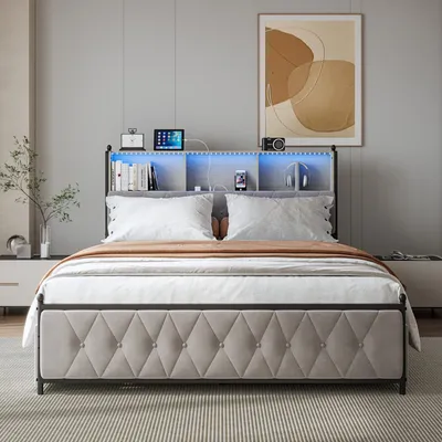 A bedroom scene featuring a bed with a headboard that has integrated storage and lighting.