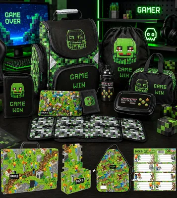 Obrázok produktu pre 12-dielna školská taška MINECRAFT – ergonomický batoh GAME PIXEL pre chlapcov – sada pre školákov: školská taška + puzdro na písacie potreby + taška na telocvik