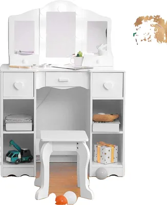 Immagine prodotto di Tavolo da trucco per bambini, specchio rimovibile, ampio spazio contenitivo, bianco