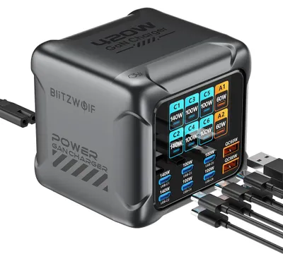 Zdjęcie produktu dla BlitzWolf BW-S33 Ładowarka USB-C 420 W, 8 portów, szybkie ładowanie PD, 6xUSB-C, 2xUSB-A, stacja ładująca na biurko z wyświetlaczem, czarna