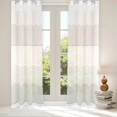 Produktbild von heimtexland ® Ösenschal Maritim natur Leinen Optik Gardine HxB 245x140 Querstreifen Vorhang halbtransparent  Typ562
