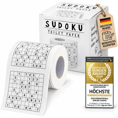 Produktbild von Sudoku Toilettenpapier bedruckt mit Rätsel | 2-lagiges Klopapier 200 Blatt | Lustiger Scherzartikel & witziges Geschenk für das Gäste-WC