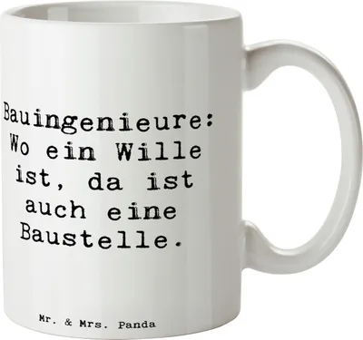 Produktbild von Mr. & Mrs. Panda Kaffeebecher Spruch Bauingenieur Wille - Weiß - Geschenk, Kaffeetasse, Trinkbecher, Tasse, Bauwesen, kreative Geschenke, Berufsgestaltung, mit, Becher