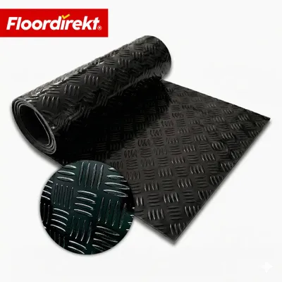 Image de Revêtement de sol en PVC Floordirekt Bullet, aspect tôle ondulée, 110 x 350 cm, antidérapant et facile d'entretien, vendu au mètre, pour garage et atelier, entrepôt, noir