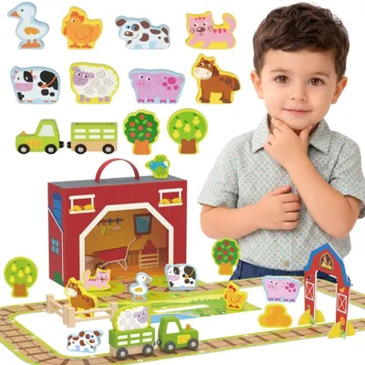 Image de Tooky Toy Ferme en bois dans une valise, figurines, véhicules