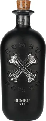 A bottle of Bumbu Rum XO on a white background.