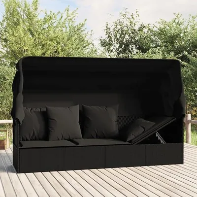 Produktbild von Gartensofa mit Dach und Kissen Gartensofa 3-Sitzer Rattan Sofa Balkonmöbel Lounge Sofa Outdoor Balkonsofa Sonnenliege Gartenmöbel Sonneninsel Gartenliege Lounge Gartenbank Gartenbett Schwarz
