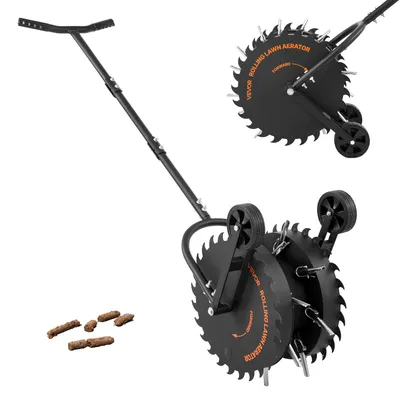 Produktbild von VEVOR Rasenlüfter Walze Manuell, Aerifizierer für Rasen mit 5 cm Arbeitstiefe 2 Rollen & 16 Eisenspikes, Rasenbelüfter aus Stahl, Rasenrolle für Verdichtete Böden, Rasenpflege für Hof Garten, Schwarz