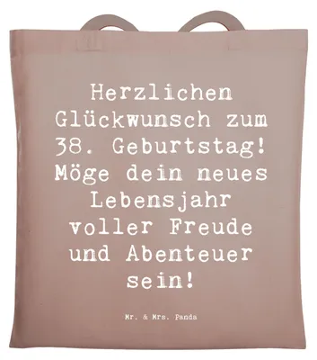 Produktbild von Mr. & Mrs. Panda festivaltasche Spruch 38. Geburtstag Freude Abenteuer - Braun Pastell - Geschenk, Shopping Tasche, Happy Birthday, Glücksmomente, Laptoptasche, Uni