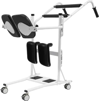 Zdjęcie produktu dla Podnośnik pacjenta – podnośnik do wstawania i przenoszenia – 4 obrotowe kółka 360° – nośność 120 kg – 3-stopniowa regulacja siedziska i podpórki pod kolana (5 cm) – wolnostojący – fioletowy