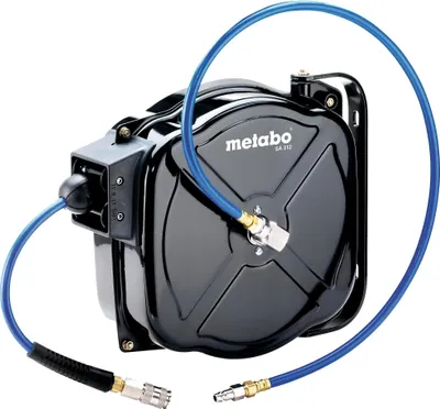 A black automatic hose reel with a blue hose, shown against a white background.