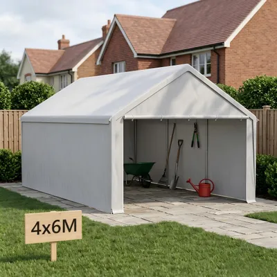 Image de Abri de jardin 4x6 mètres, gris, avec structure en tubes d'acier, toit en polyéthylène, parois latérales amovibles, incluant des cordes et des piquets de sol pour voitures, motos et équipements de jardin