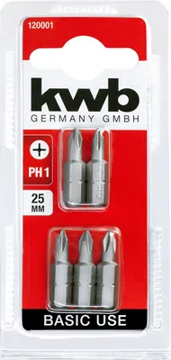 Produktbild von kwb 5 x Standard Bits 25mm PH1 Grundanwendung 120001 (1/4', ISO 1173, C 6.3)