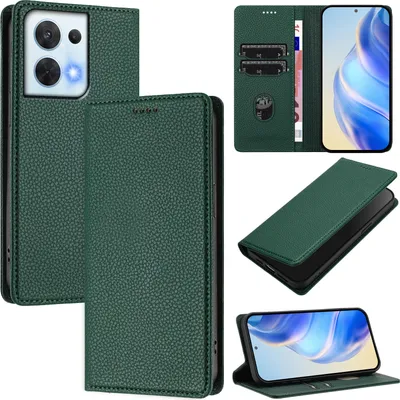 Produktbild von Litchi Leder Handyhülle für Oppo Reno8 5G Wallet Kartenfächer Standfunktion Hülle Grün