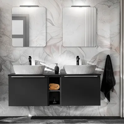 Produktbild von Badmöbel Set, 140cm Waschtisch, 3-teilig, matt schwarz, PUEBLA-56-BLACK