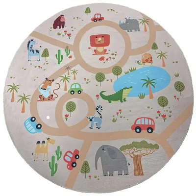 Produktbild von Kinderzimmer Teppich Spielteppich Bedruckt Safari Waschbar Beige Rund