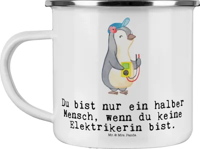 Produktbild von Mr. & Mrs. Panda Teetasse Elektrikerin Herz - Weiß - Geschenk, Haferl, Spruch, Emaille Becher, Ausbildung, Gesellenprüfung, Teebecher, Lustig, Pott, Tasse, Beruf