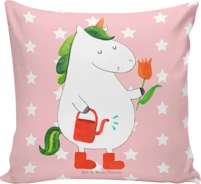 Produktbild von Mr. & Mrs. Panda 40x40 Kissen Einhorn Gärtner - Rot Pastell - Geschenk, Unicorn, Freundin, Polster, Einhörner, Dekokissen, Deko, Luftballon, Garten, Blume, Zierkissen