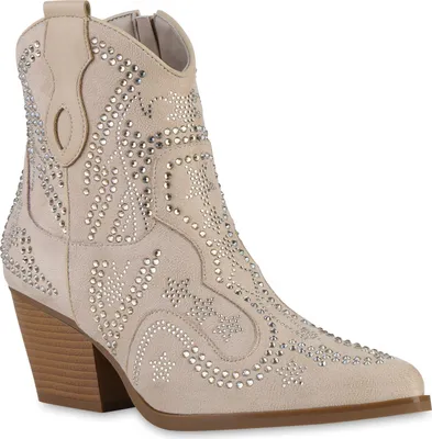 Produktbild von VAN HILL Damen Cowboy Boots Stiefelette Spitz Strass Schuhe 840898, Farbe: Beige, Größe: 36