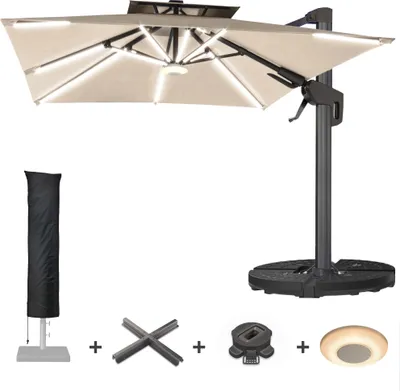 Produktbild von SUN PIETRO | Sonnenschirm | Quadratisch | B:T 300 x 300 cm | Taupe | LED | +Ständer, Schwenkfuß & Hülle | Sonnenschirm, Gartenschirm, Ampelschirm, Balkonschirm