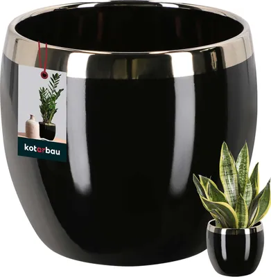 A black ceramic pot with a gold rim, shown with a small plant in a similar pot to the right. A product tag is attached to the left side of the pot.